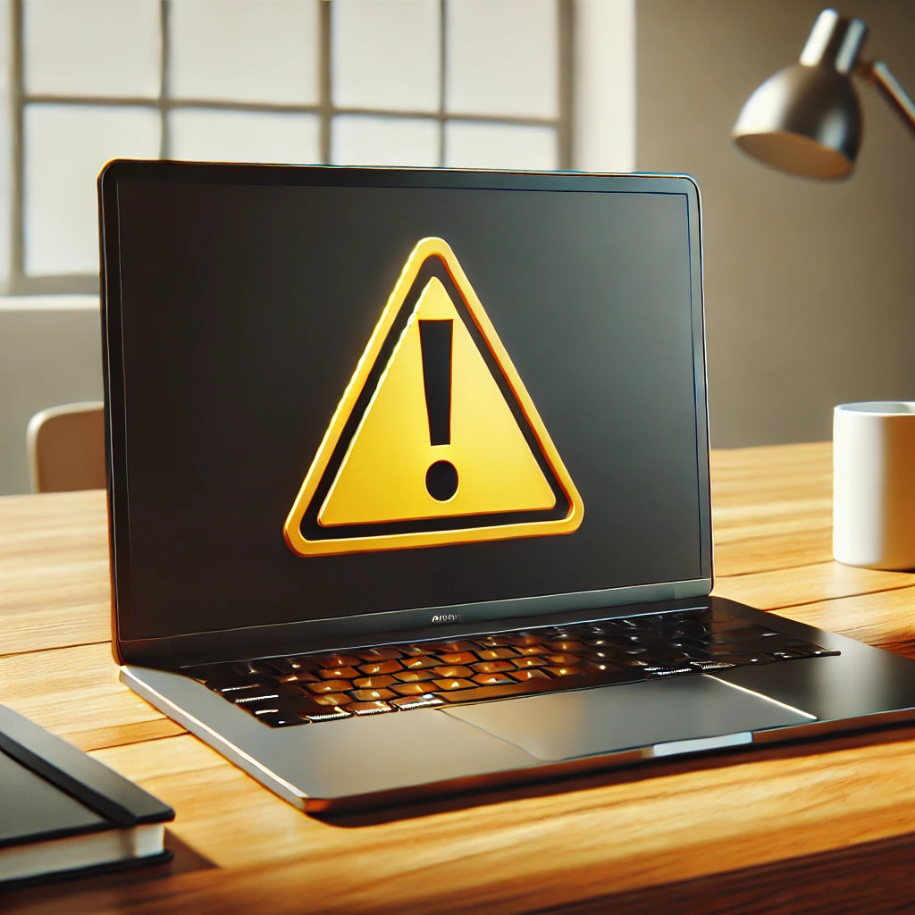 Laptop displaying a warning symbol on-screen to represent common website and SEO mistakes that hurt search rankings.