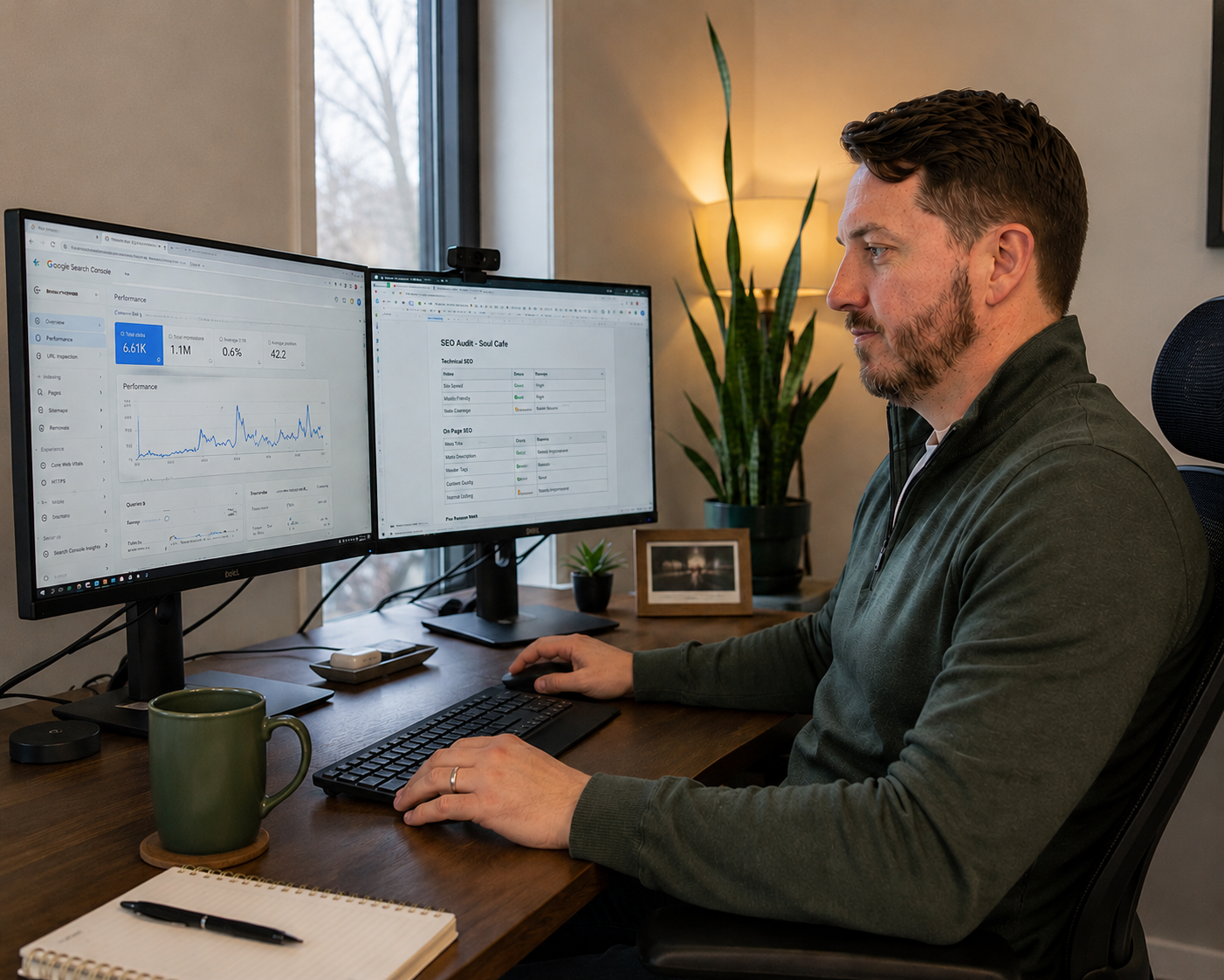Max Krentz analyzing Google Search Console performance data and SEO audit on dual monitors