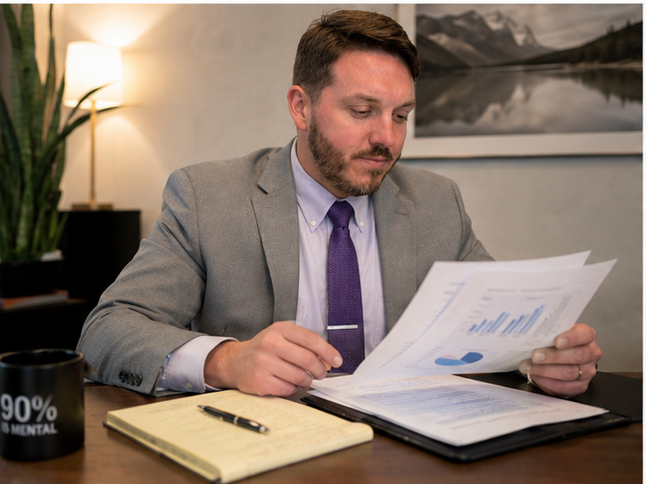 Max Krentz reviewing an SEO audit report with performance charts for a Metro Detroit client