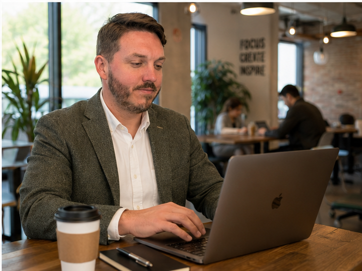 Max Krentz, Metro Detroit local SEO consultant, working on laptop at a coworking space